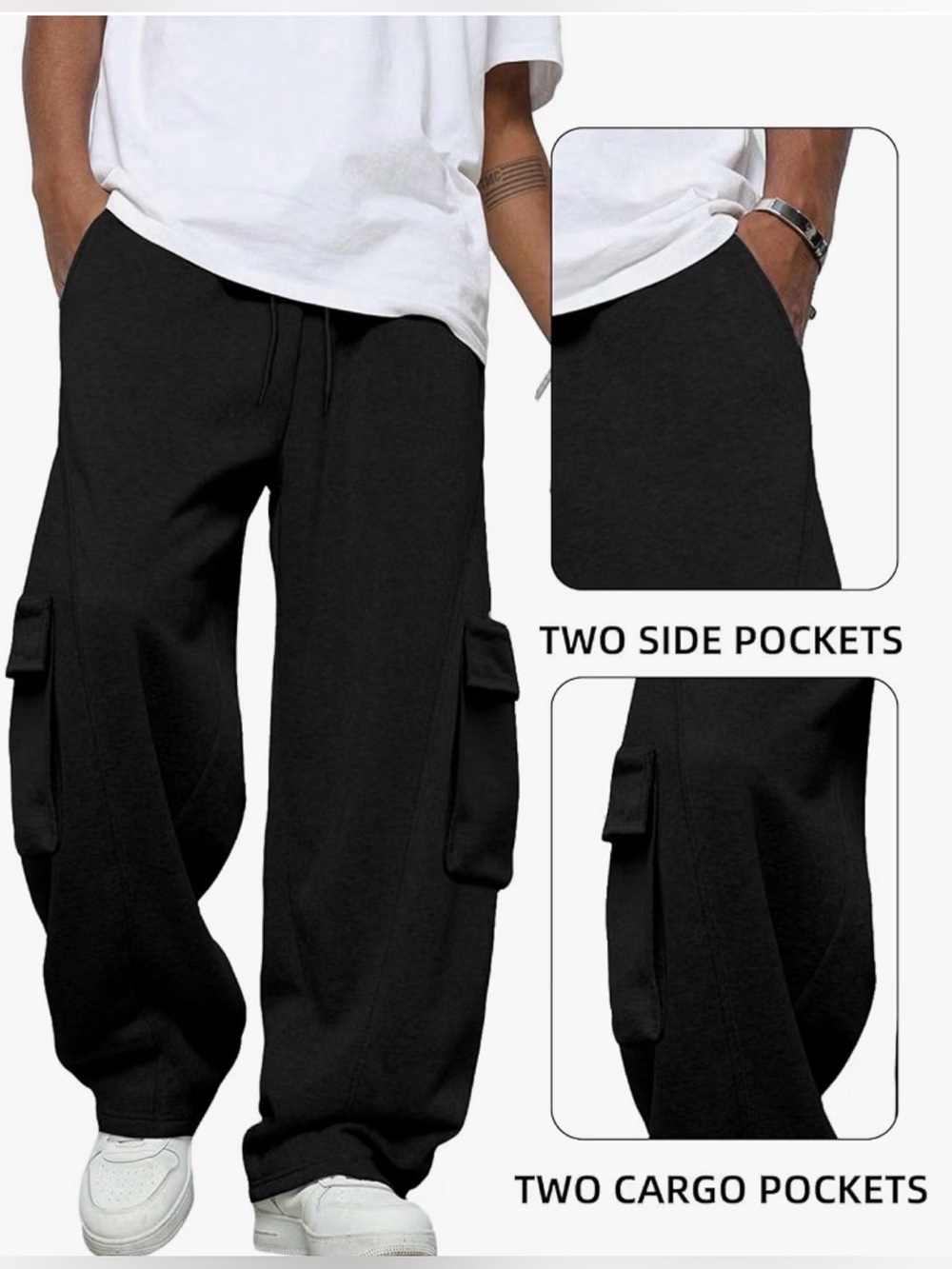 Men's Baggy Sweatpants cargo pockets black size medium 34”’inseam nwot